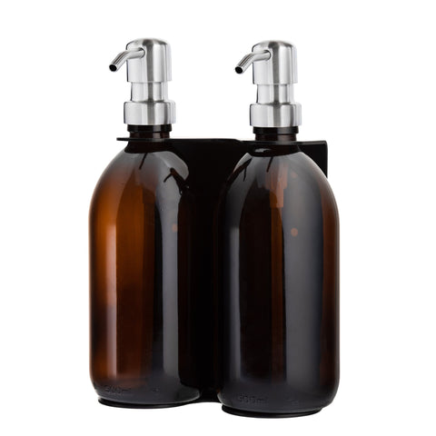Black Double Wall Mounted Soap Dispensers-Silver-250ml-Amber-Kuishi
