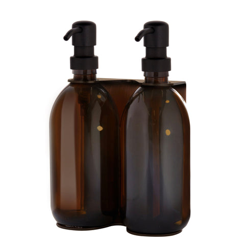 Double Copper Wall mounted holder with Amber Bottles and Black Pumps