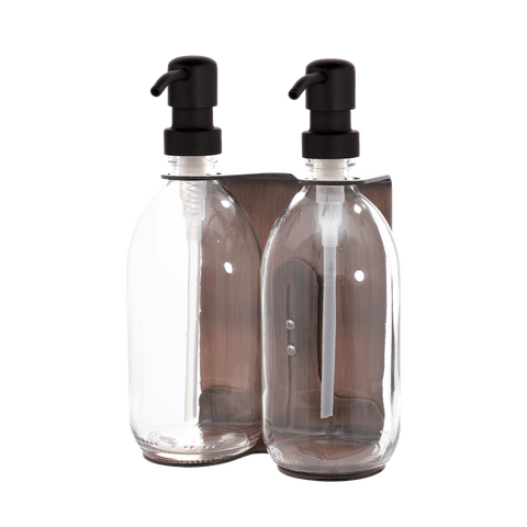 Double Copper Wall mounted holder with clear Bottles and black pumps