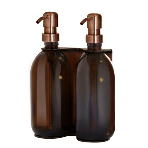 Double Copper Wall mounted holder with Amber Bottles and Bonze Pumps