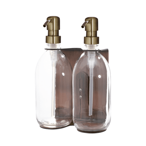 Double Copper Wall mounted holder with Clear Bottles and Gold Pumps