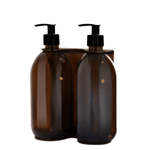 Double Copper Wall mounted holder with Amber Bottles and PlasticPumps