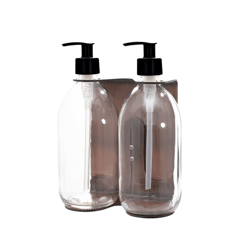 Double Copper Wall mounted holder with clear Bottles and plastic pumps