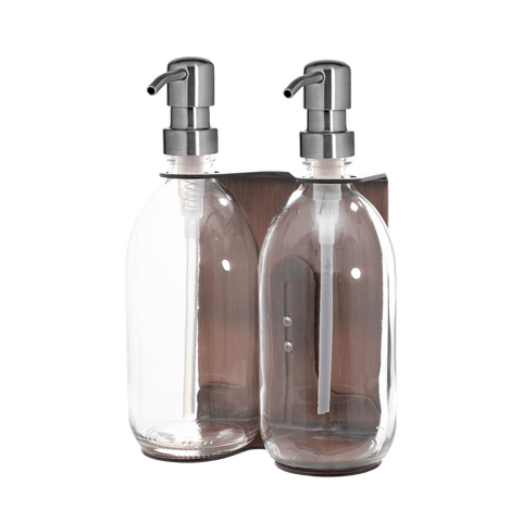 Double Copper Wall mounted holder with clear Bottles and Silver pumps