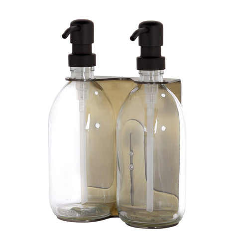Gold double wall mounted dispenser with clear bottles and black pump