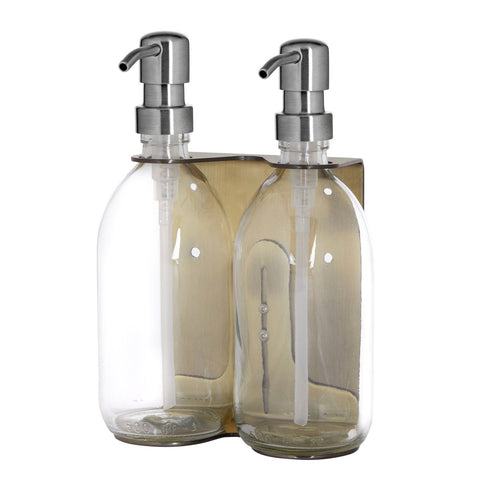 Gold double wall mounted dispenser with clear bottles and silver  pump