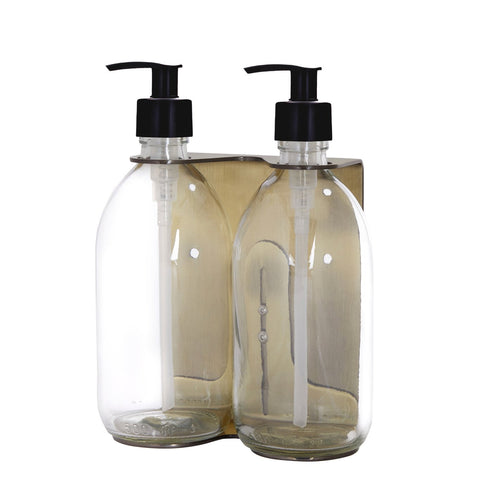 gold double wall mounted holder with clear bottle and plastic pumps