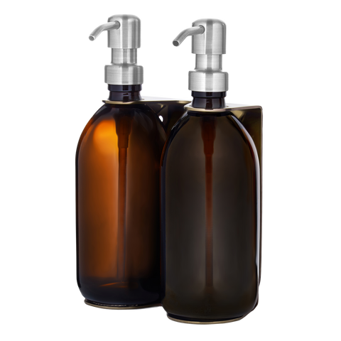 Gold double wall mounted holder amber bottles and silver pumps
