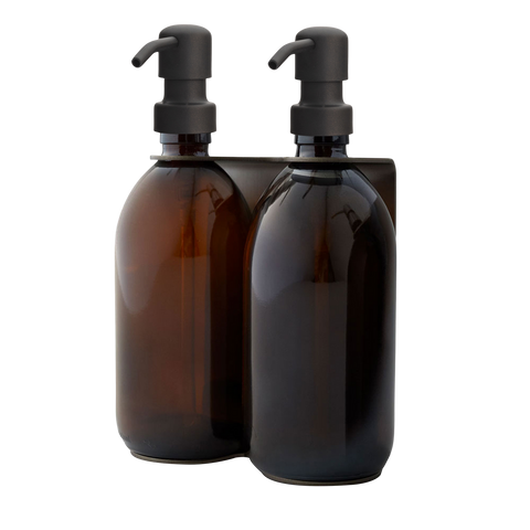 Brushed Silver Double Holder amber bottles and black Pumps