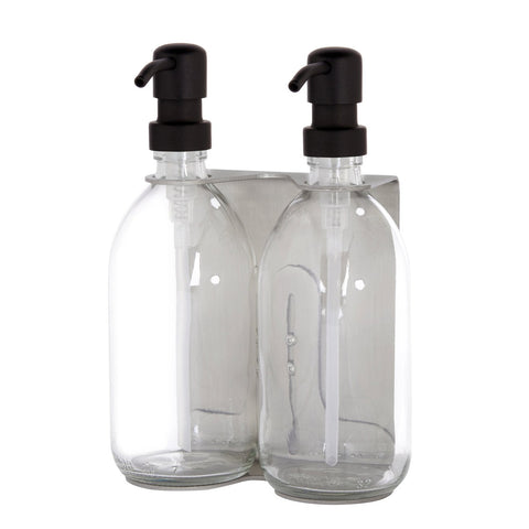 Brushed Silver Double Wall Mounted Soap Dispenser Clear bottles and black Pumps