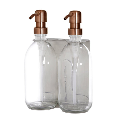 Brushed Silver Double Wall Mounted Soap Dispenser Amber bottles and Copper Pumps