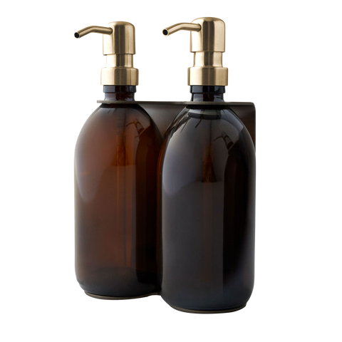 Brushed Silver Double Wall Mounted Soap Dispenser Amber bottles and gold Pumps