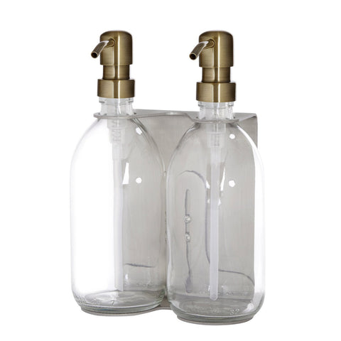 Brushed Silver Double Wall Mounted Soap Dispenser clear bottles and gold Pumps