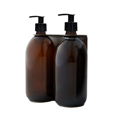 Brushed Silver Double Wall Mounted Soap Dispenser Amber bottles and plastic pumps