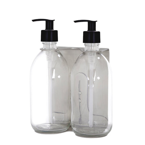 Brushed Silver Double Wall Mounted Soap Dispenser clear bottles and plastic Pumps