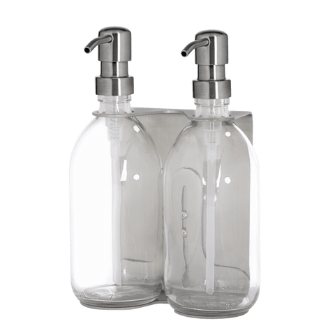Brushed Silver Double Holder clear bottles and Silver Pumps