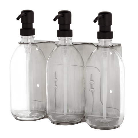 Nickle Triple Wall Mounted Soap Dispenser-Clear bottle and black pump