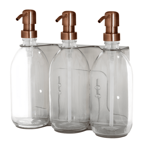 Nickle Triple Wall Mounted Soap Dispenser-Clear Bottles and copper pump