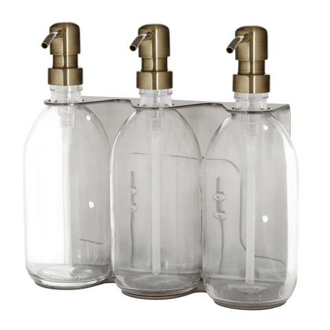 Nickle Triple Wall Mounted Soap Dispenser- Clear Bottles and Gold Top