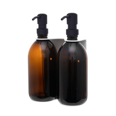 White Double Wall Mounted Soap Dispenser Amber Bottle Black