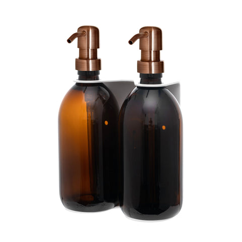White Double Wall Mounted Soap Dispenser Amber Bottle Bronze Pump