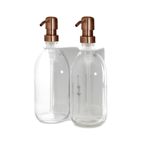 White Double Wall Mounted Soap Dispenser Clear Bottle Copper Pump