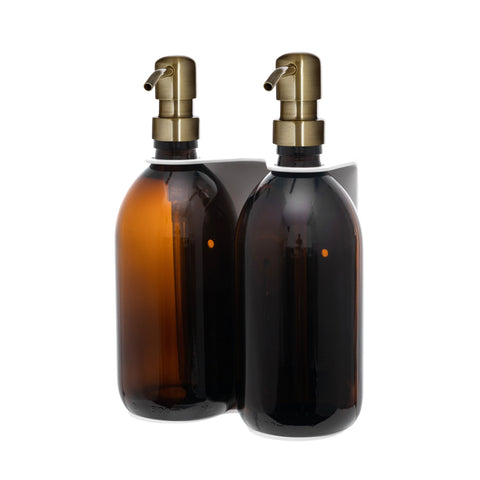 White Double Wall Mounted Soap Dispenser Amber Bottle Gold Pump