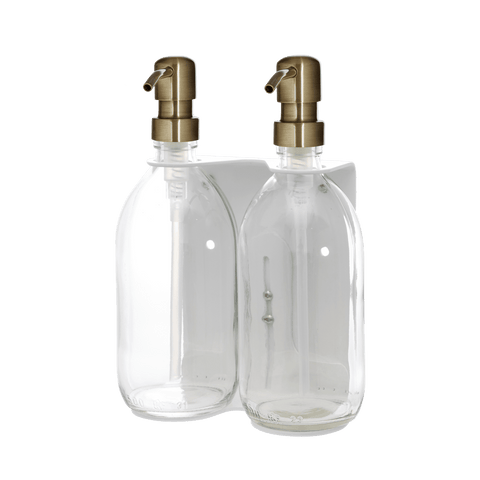 White Double Wall Mounted Soap Dispenser Clear Bottle Gold Pump