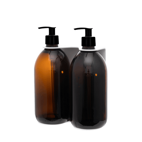 White Double Wall Mounted Soap Dispenser Amber Bottle Plastic Pump