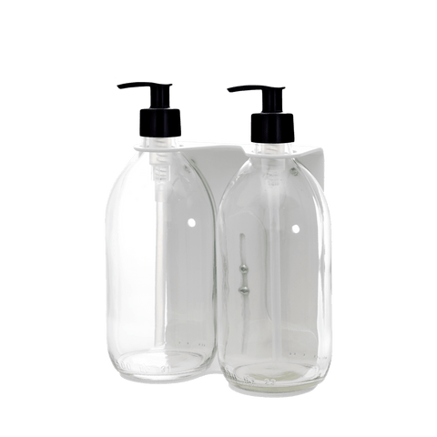 White Double Wall Mounted Soap Dispenser Clear Bottle Plastic Pump