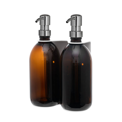 White Double Wall Mounted Soap Dispenser Amber Bottle Silver Pump
