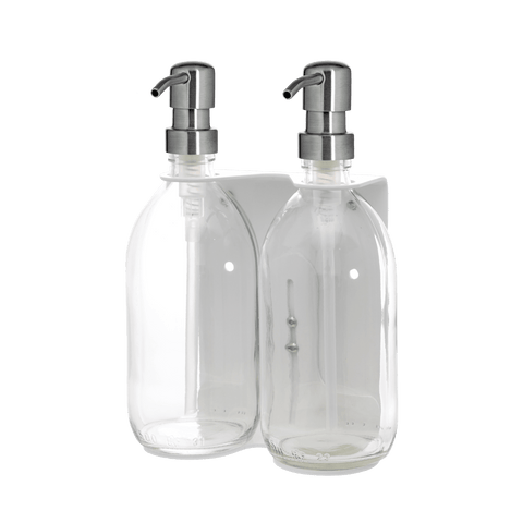 White Double Wall Mounted Soap Dispenser Clear Bottle Silver Pump
