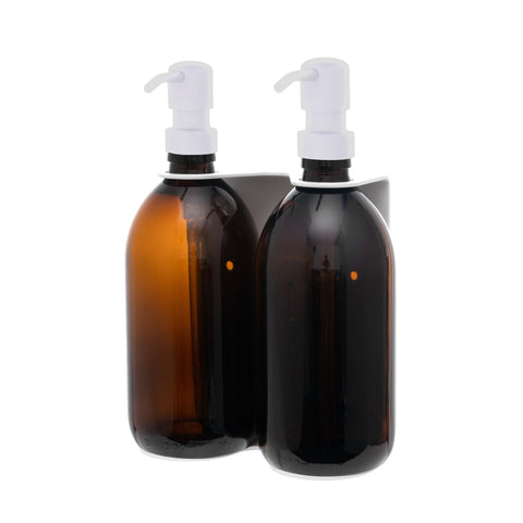 White Double Wall Mounted Soap Dispenser Amber Bottle White Pump