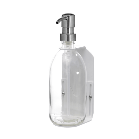 White wall mounted soap dispenser clear bottle and silver pump