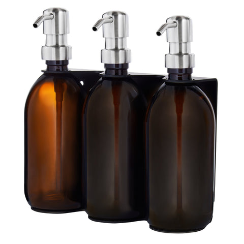 Black Triple Wall Mounted Soap Dispenser-Silver-250ml-Amber-Kuishi