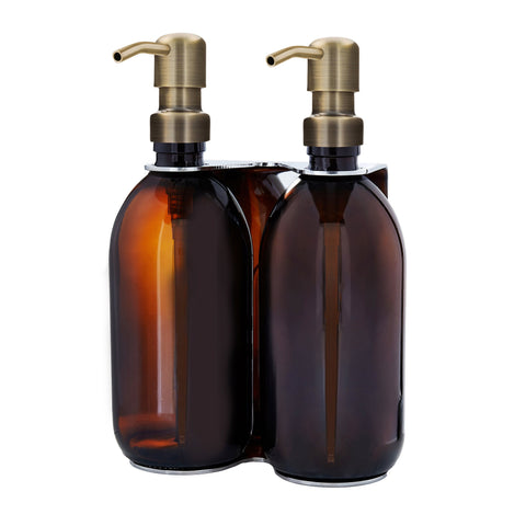 Chrome Double Wall Mounted Soap Dispenser-Gold-250ml-Amber-Kuishi