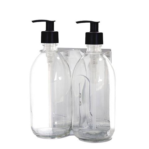 Chrome Double Wall Mounted Soap Dispenser-Plastic-250ml-Clear-Kuishi