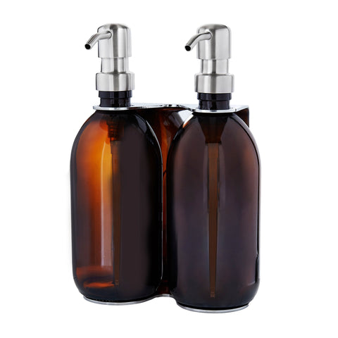 Chrome Double Wall Mounted Soap Dispenser-Silver-250ml-Amber-Kuishi