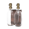 Double Copper Wall mounted holder with clear Bottles and gold pumps