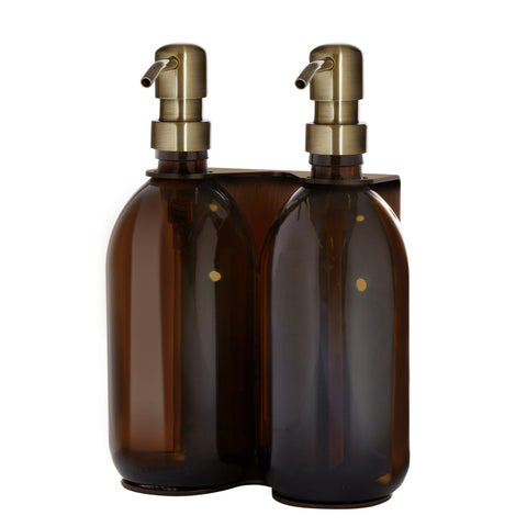 Double Copper Wall mounted holder with Amber Bottles and Gold Pumps