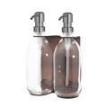Double Copper Wall mounted holder with clear Bottles and Silver pumps
