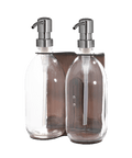 Double Copper Wall mounted holder with clear Bottles and Silver pumps