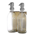 Gold double wall mounted dispenser with clear bottles and silver  pump