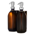 Gold double wall mounted holder amber bottles and silver pumps