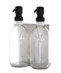 Brushed Silver Double Wall Mounted Soap Dispenser Clear bottles and black Pumps 