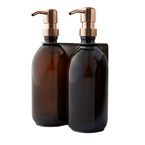 Brushed Silver Double Holder clear bottles and Copper Pumps 