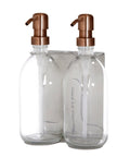 Brushed Silver Double Wall Mounted Soap Dispenser Amber bottles and Copper Pumps 