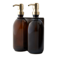 Brushed Silver Double Wall Mounted Soap Dispenser Amber bottles and gold Pumps 