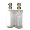 Brushed Silver Double Wall Mounted Soap Dispenser clear bottles and gold Pumps 