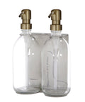 Brushed Silver Double Wall Mounted Soap Dispenser clear bottles and gold Pumps 